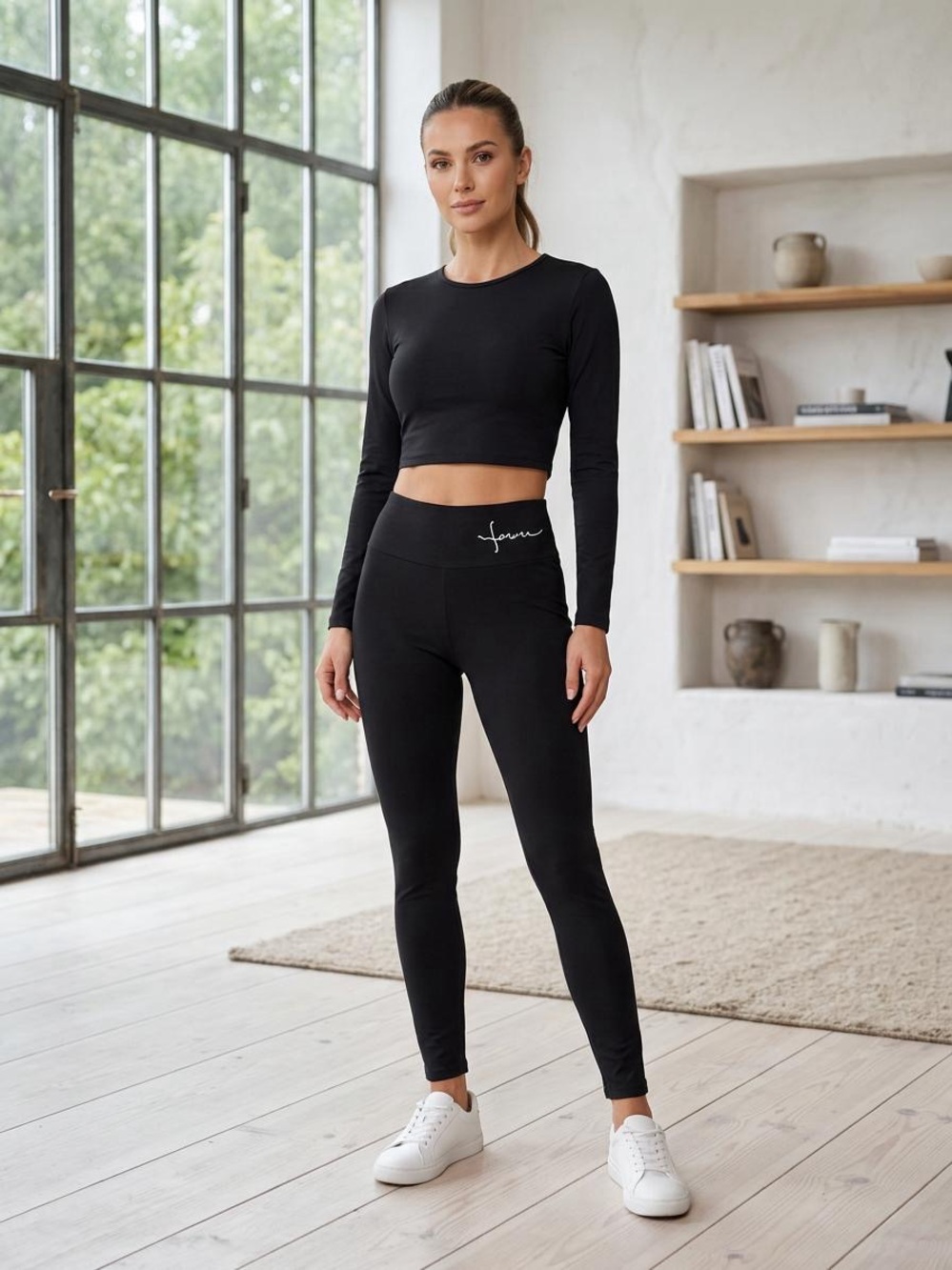 Women's Black High-Waist Leggings with Subtle Script